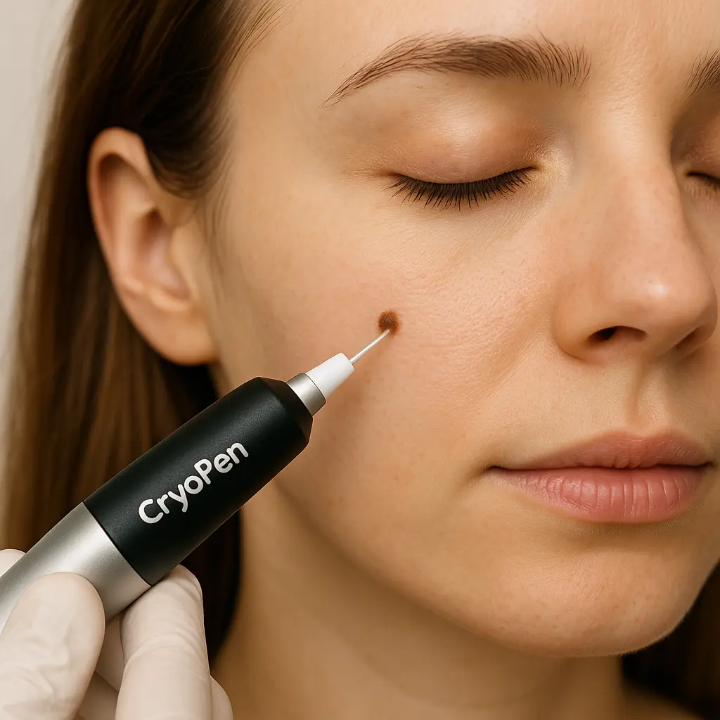 woman receiving facial mole removal Knightsbridge using cryopen 
